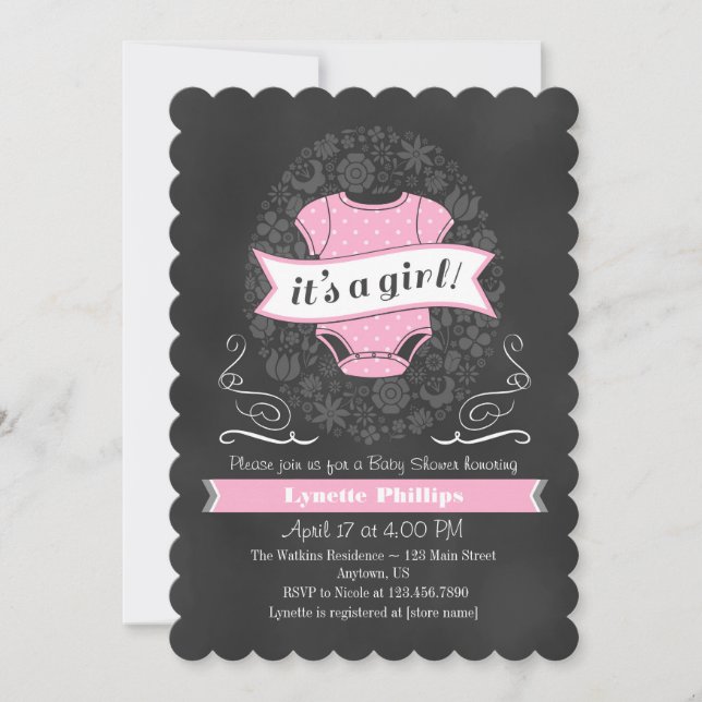 Invitación a Baby Shower del Chica de pizarra rosa (Anverso)