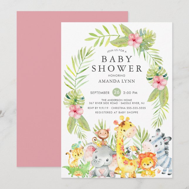 Invitación a Baby Shower del Chica de Safari de la (Anverso / Reverso)