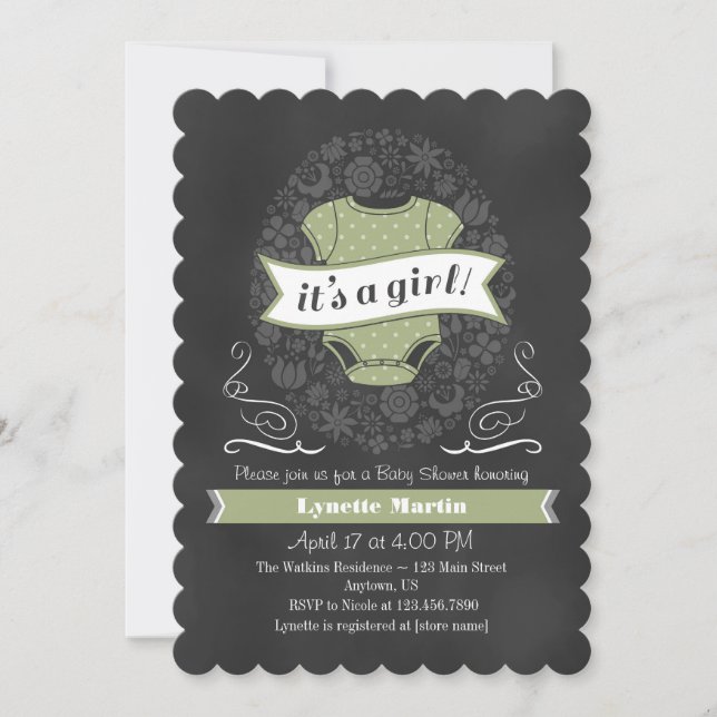 Invitación a Baby Shower del Chica de Sage Green C (Anverso)