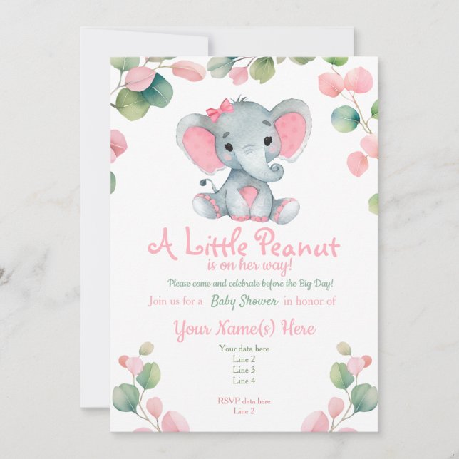Invitación a Baby Shower del Chica de verde Elepha (Anverso)