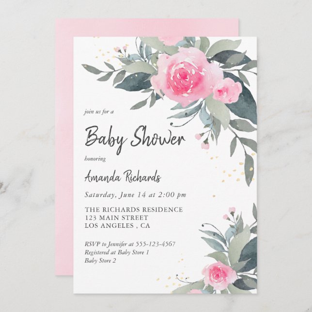 Invitación a Baby Shower del Chica de verde rosa R (Anverso / Reverso)
