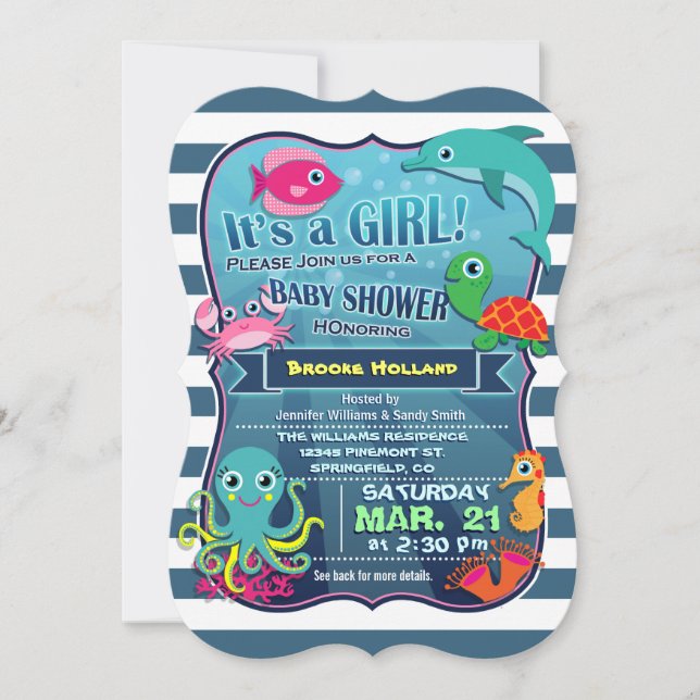 Invitación a Baby Shower del Chica de vida marina  (Anverso)
