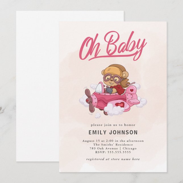 Invitación a Baby Shower del Chica del avión (Anverso / Reverso)
