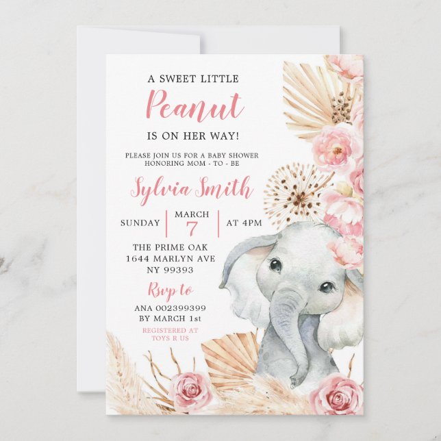 Invitación a Baby Shower del Chica del Elefante Ro (Anverso)
