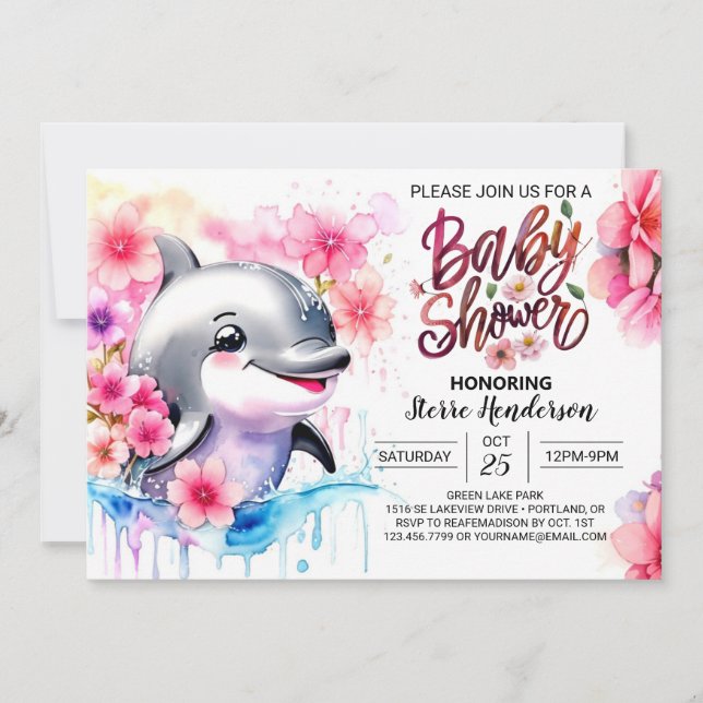 Invitación a Baby Shower del Chica Dolphin Kisses (Anverso)
