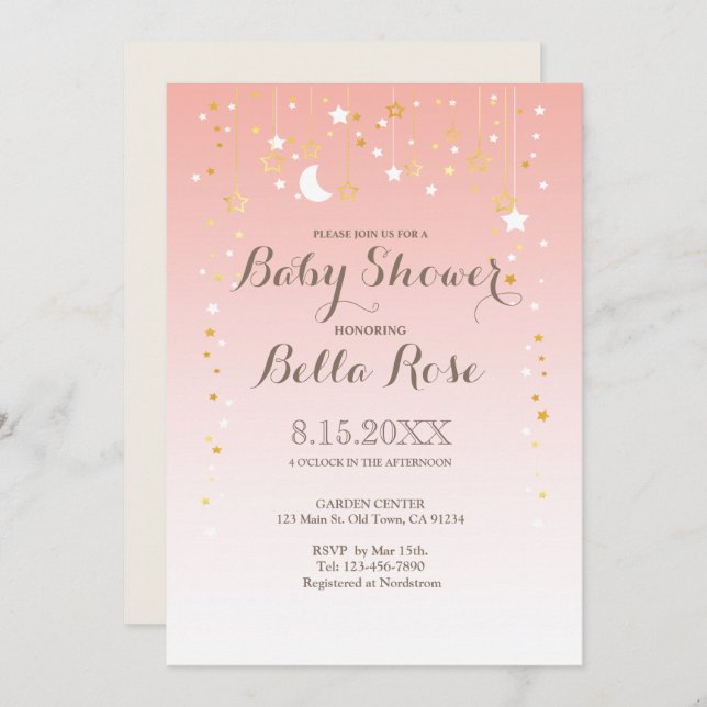 Invitación a Baby Shower del Chica Estrella Rubor  (Anverso / Reverso)