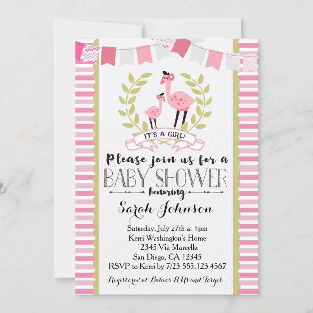 Invitación a Baby Shower del Chica Flamingo (Anverso)