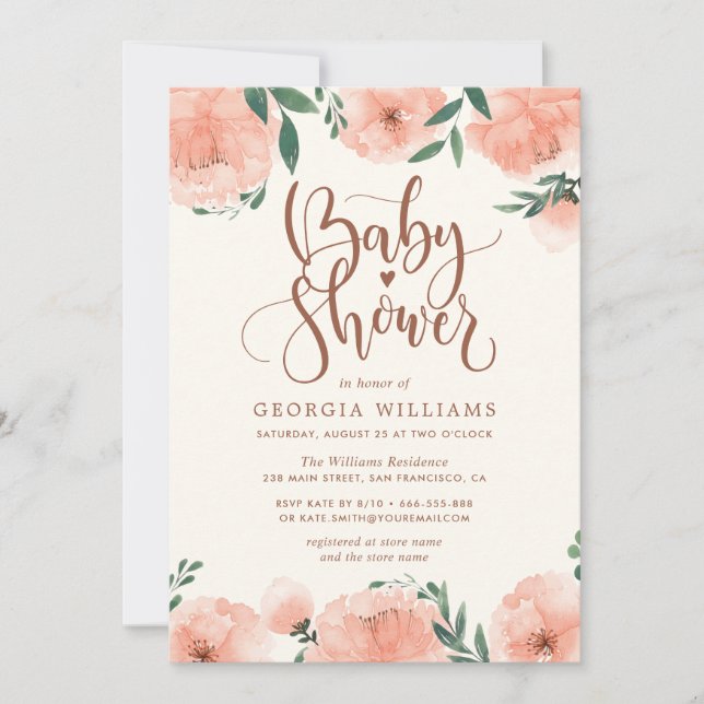 Invitación a Baby Shower del Chica floral acuarela (Anverso)