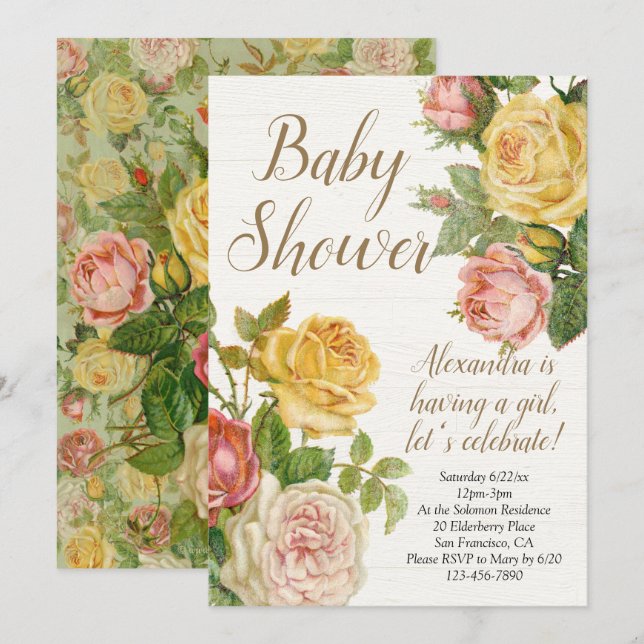 Invitación a Baby Shower del Chica floral antiguo  (Anverso / Reverso)