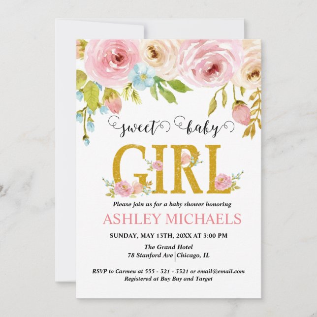 Invitación a Baby Shower del Chica floral de oro r (Anverso)