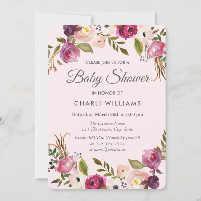 Invitación a Baby Shower del Chica floral Pink Pea (Anverso)
