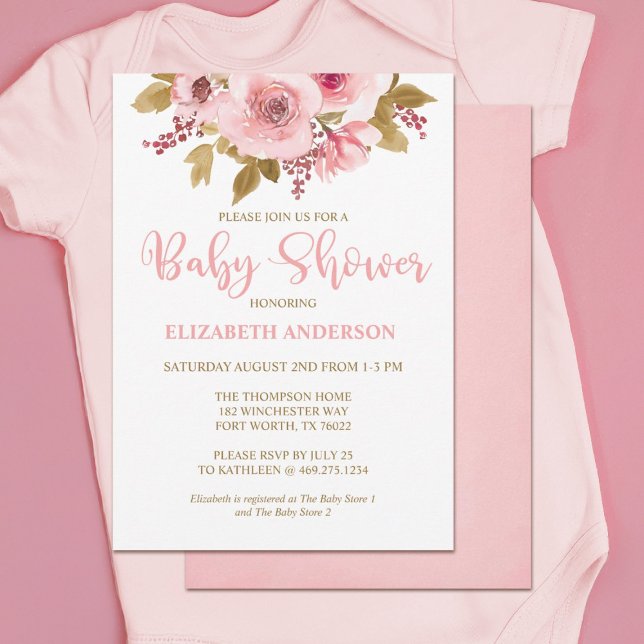 Invitación a Baby Shower del Chica floral rosa Rub (A cute pink floral girl baby shower invitation
)