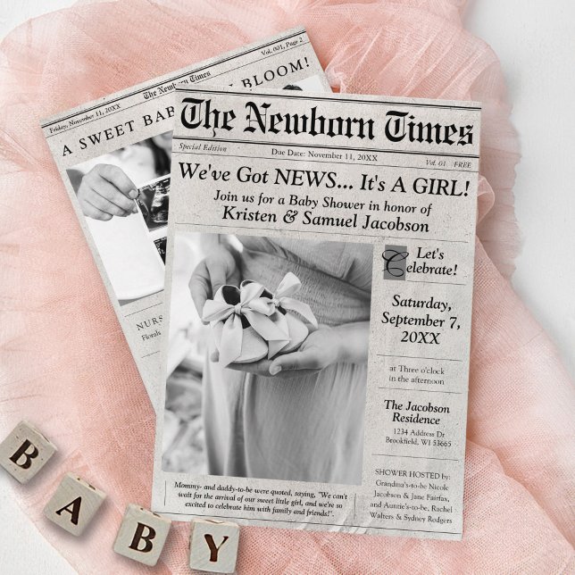 Invitación a Baby Shower del Chica fotográfico de  (Cute & unique The Newborn Times newspaper photo baby girl shower invitation, got news, baby in bloom)