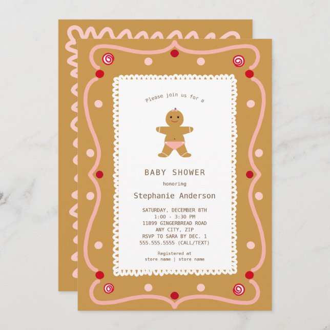 Invitación a Baby Shower del Chica Gingerbread (Anverso / Reverso)