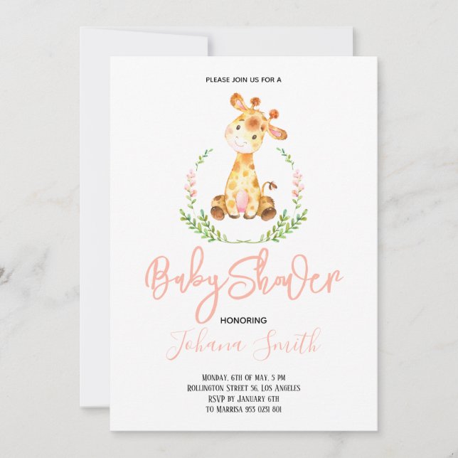 Invitación a Baby Shower del chica Giraffe Safari (Anverso)