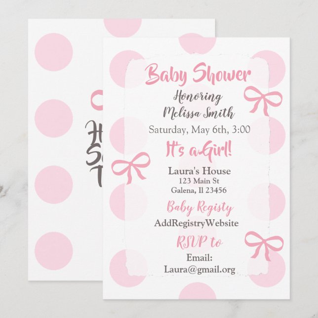 Invitación a Baby Shower del chica Jumbo Pink Polk (Anverso / Reverso)