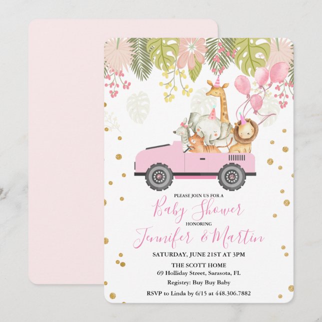 Invitación a Baby Shower del Chica Jungle Safari (Anverso / Reverso)