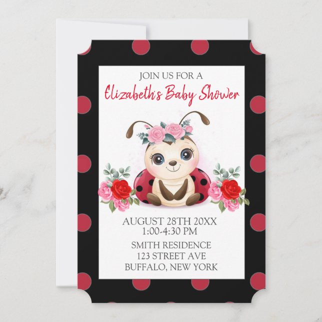 Invitación a Baby Shower del Chica Ladybug Red Pin (Anverso)