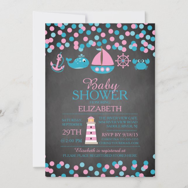 Invitación a Baby Shower del Chica Náutico Cute Co (Anverso)