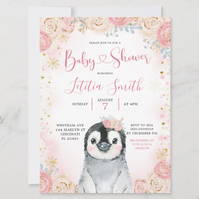 Invitación a Baby Shower del chica Penguin Winter  (Anverso)