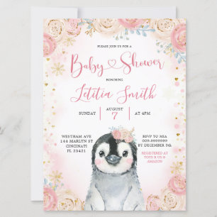 Invitación a Baby Shower del chica Penguin Winter