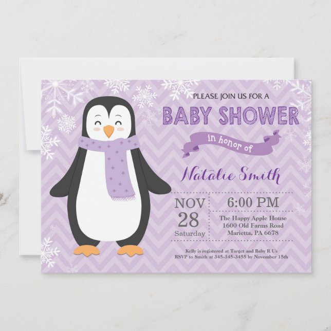 Invitación a Baby Shower del Chica Pingüino Morado (Anverso)