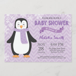 Invitación a Baby Shower del Chica Pingüino Morado