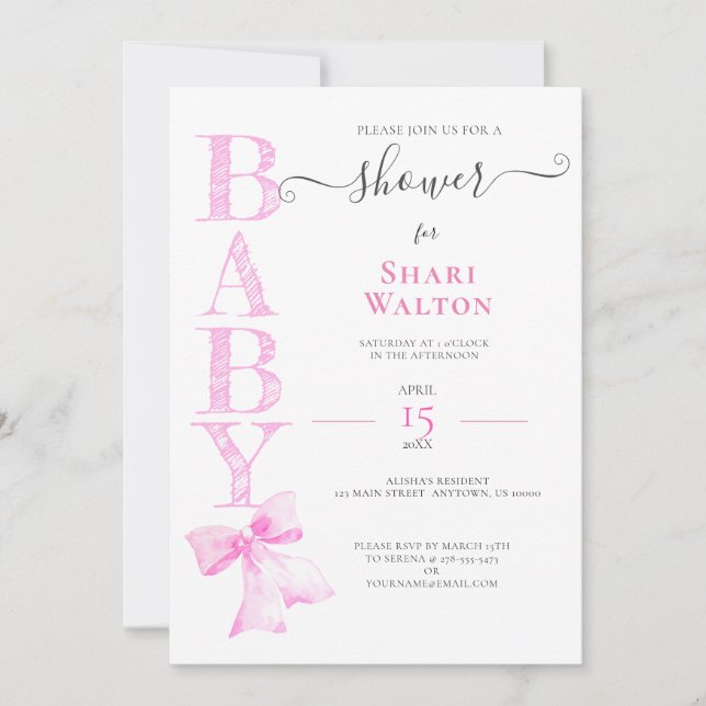 Invitación a BABY SHOWER del CHICA PINK RIBBON (Anverso)