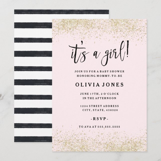 Invitación a Baby Shower del Chica Purpurina rosad (Anverso / Reverso)