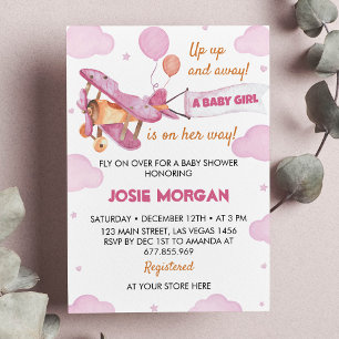 Invitación a Baby Shower del Chica rosa de avión d