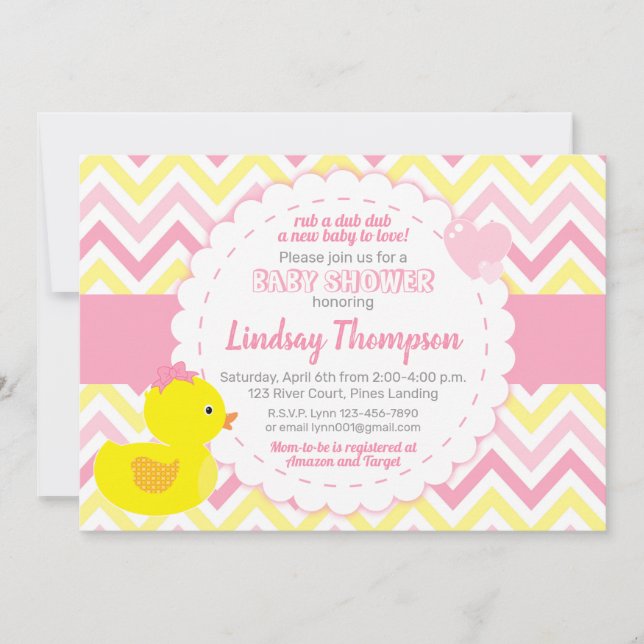 Invitación a Baby Shower del chica Rubber Ducky (Anverso)
