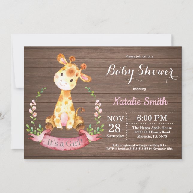 Invitación a Baby Shower del Chica Rústico Giraffe (Anverso)