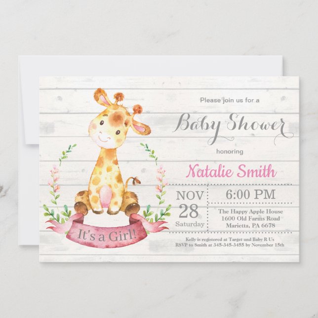 Invitación a Baby Shower del Chica Rústico Giraffe (Anverso)