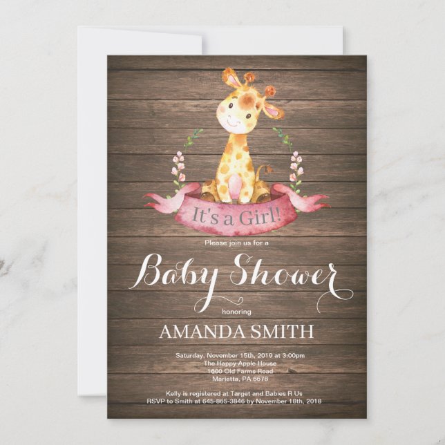 Invitación a Baby Shower del Chica Rústico Giraffe (Anverso)