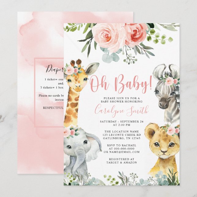 Invitación a Baby Shower del chica Safari Animal G (Anverso / Reverso)