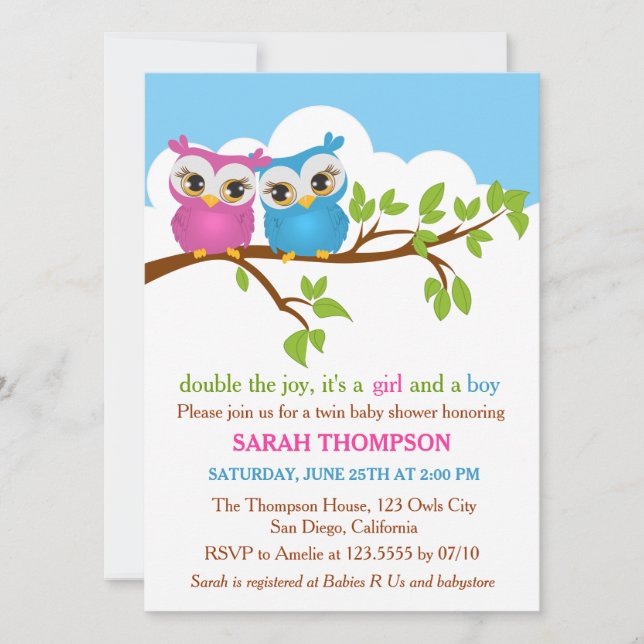 Invitación a Baby Shower del Chica Sweet Twins Owl (Anverso)