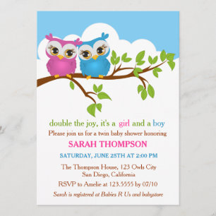 Invitación a Baby Shower del Chica Sweet Twins Owl