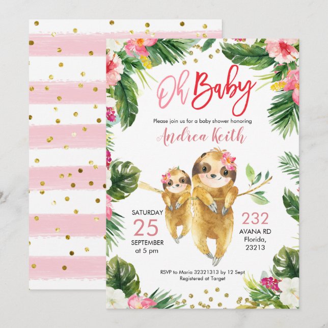 Invitación a Baby Shower del Chica tropical Sloth (Anverso / Reverso)