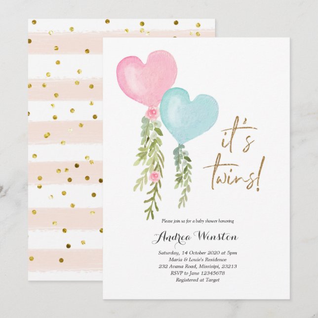 Invitación a Baby Shower del Chica Twin Boy Globo (Anverso / Reverso)
