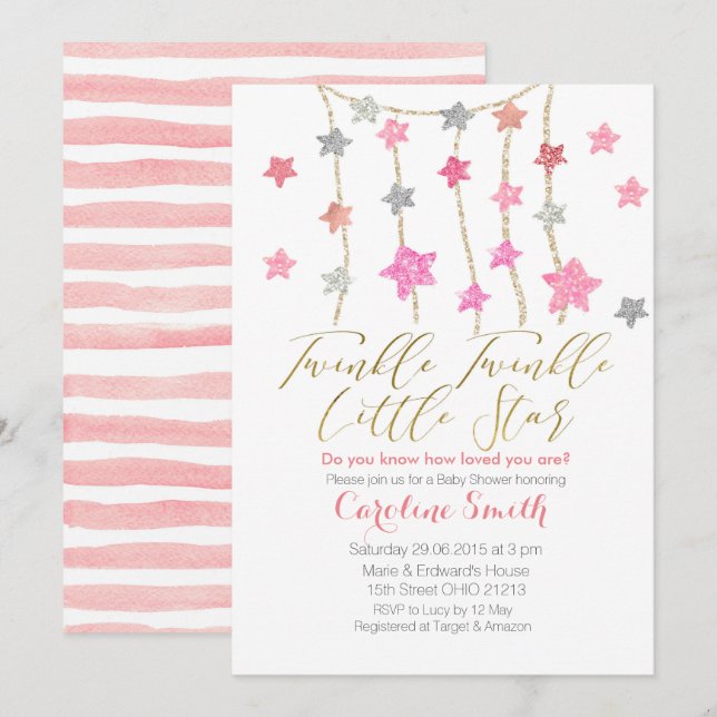 Invitación a Baby Shower del Chica Twinkle Stars (Anverso / Reverso)