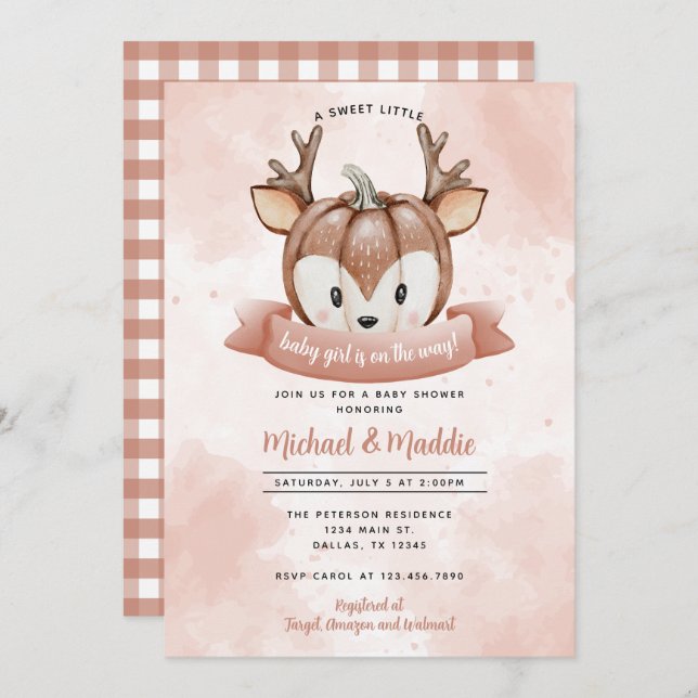 Invitación a Baby Shower del Chica Woodland Deer P (Anverso / Reverso)