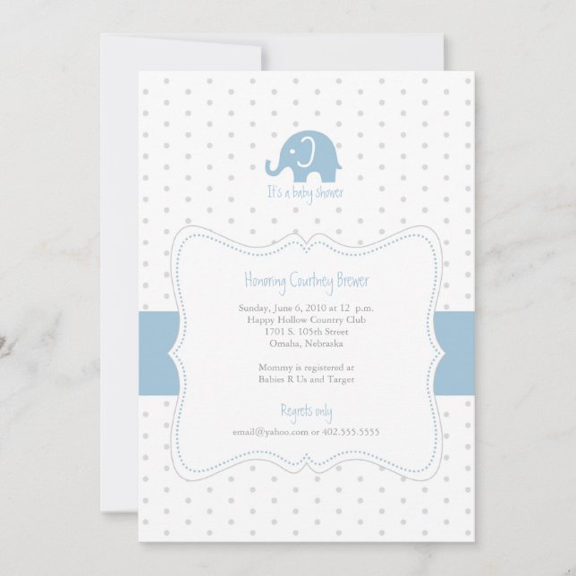 Invitación a Baby Shower del Elefante Azul Polkado (Anverso)