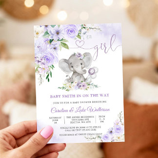 Invitación a Baby Shower del Elefante Floral Púrpu