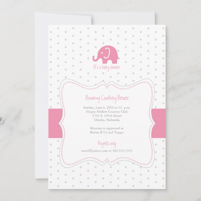 Invitación a Baby Shower del elefante rosa Polkado (Anverso)