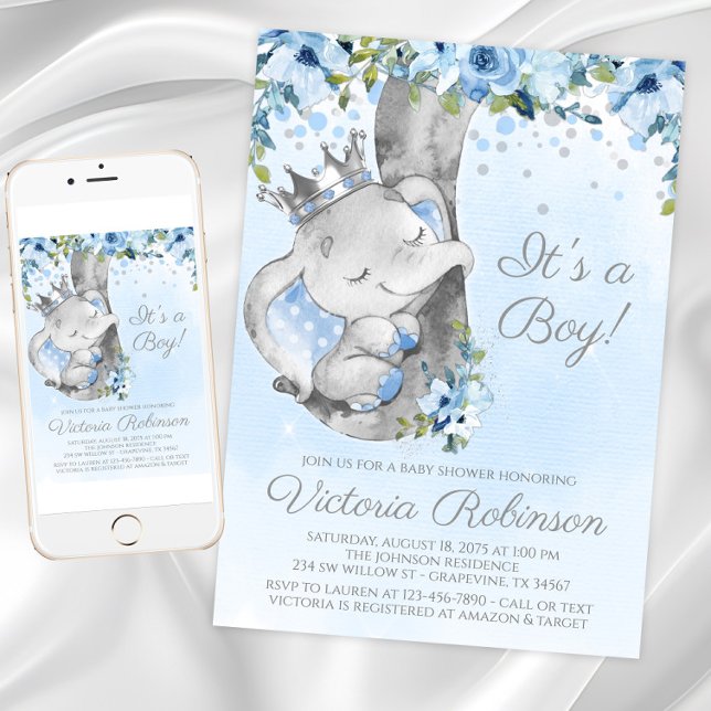Invitación a Baby Shower del Elephant Prince Boy (Elephant prince baby shower invitation. Instant download and printed invitations available.)