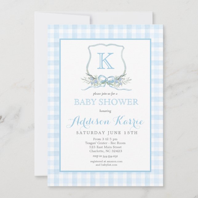 Invitación a Baby Shower del Escudo Preppy Blue Gi (Anverso)