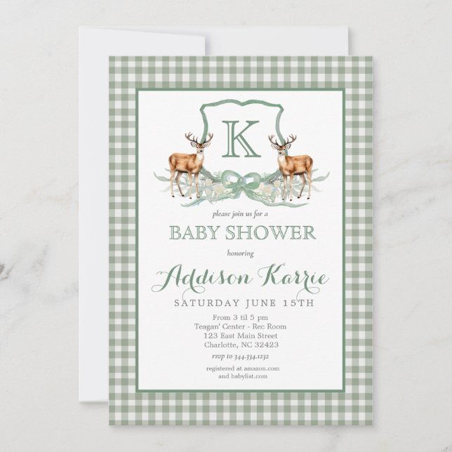 Invitación a Baby Shower del Escudo Preppy Deer Gi (Anverso)