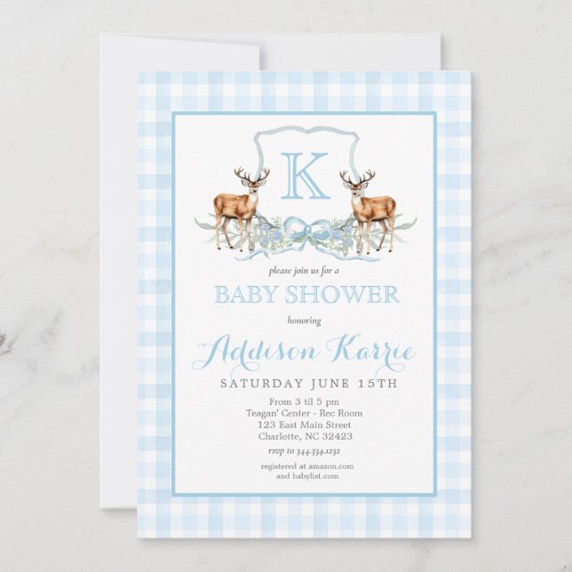Invitación a Baby Shower del Escudo Preppy Deer Gi (Anverso)