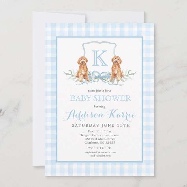 Invitación a Baby Shower del Escudo Preppy Dog Gin (Anverso)