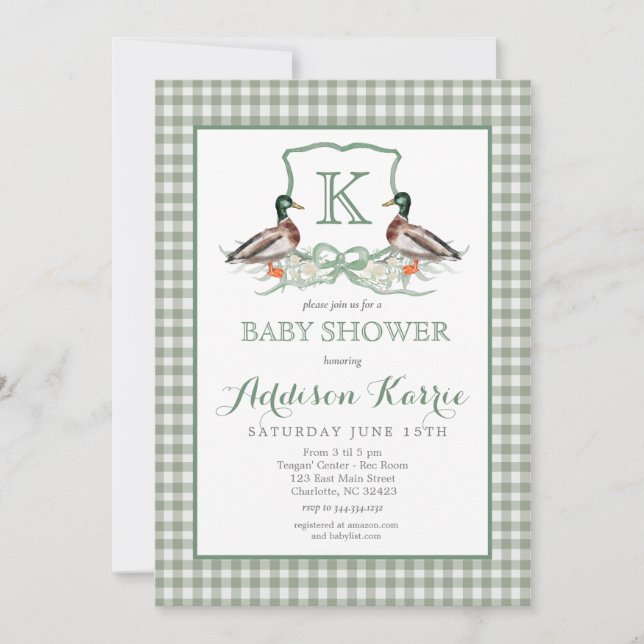 Invitación a Baby Shower del Escudo Preppy Duck Gi (Anverso)